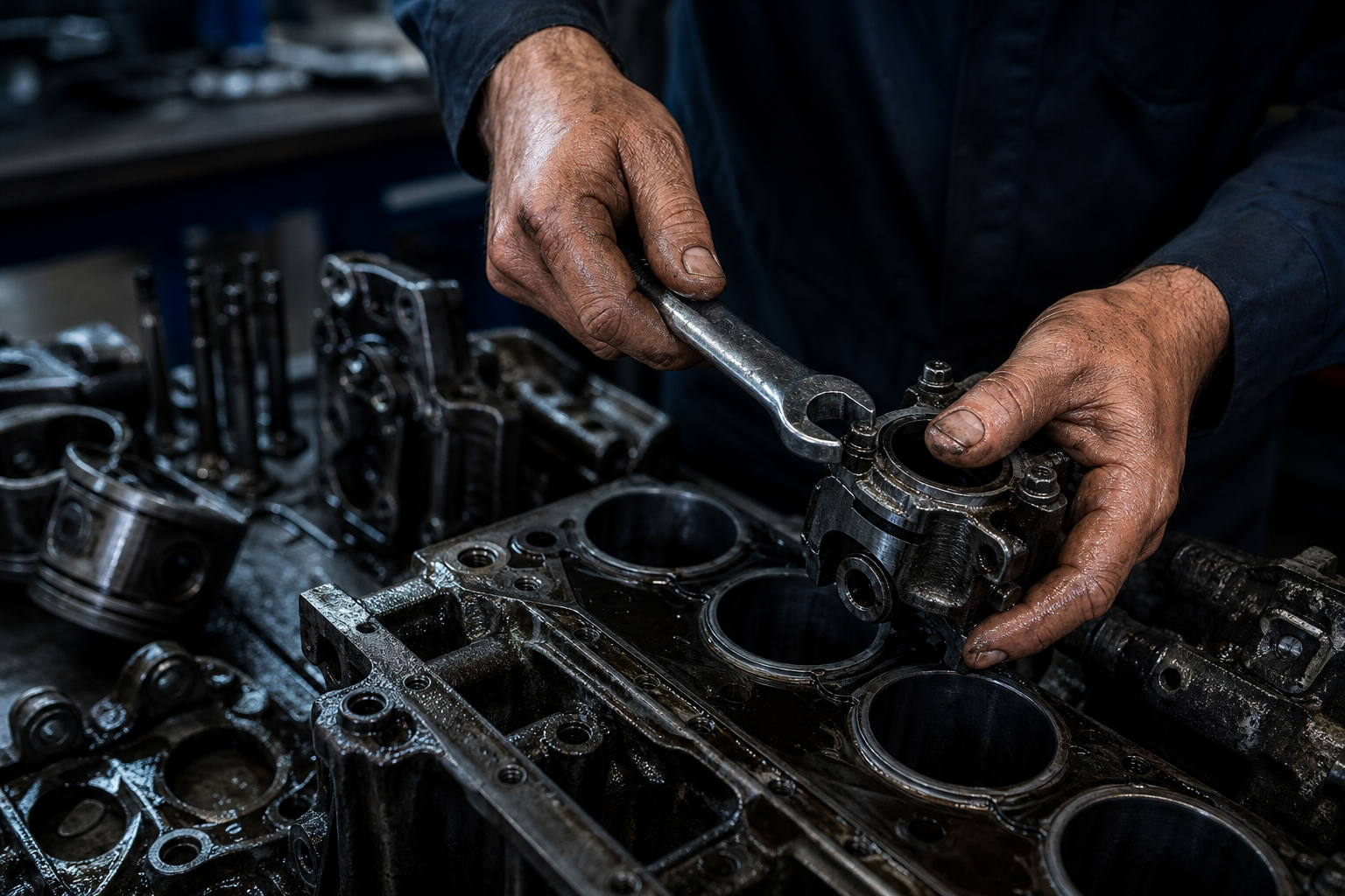 Manos del mecánico trabajando en la reconstrucción de un motor sobre el banco