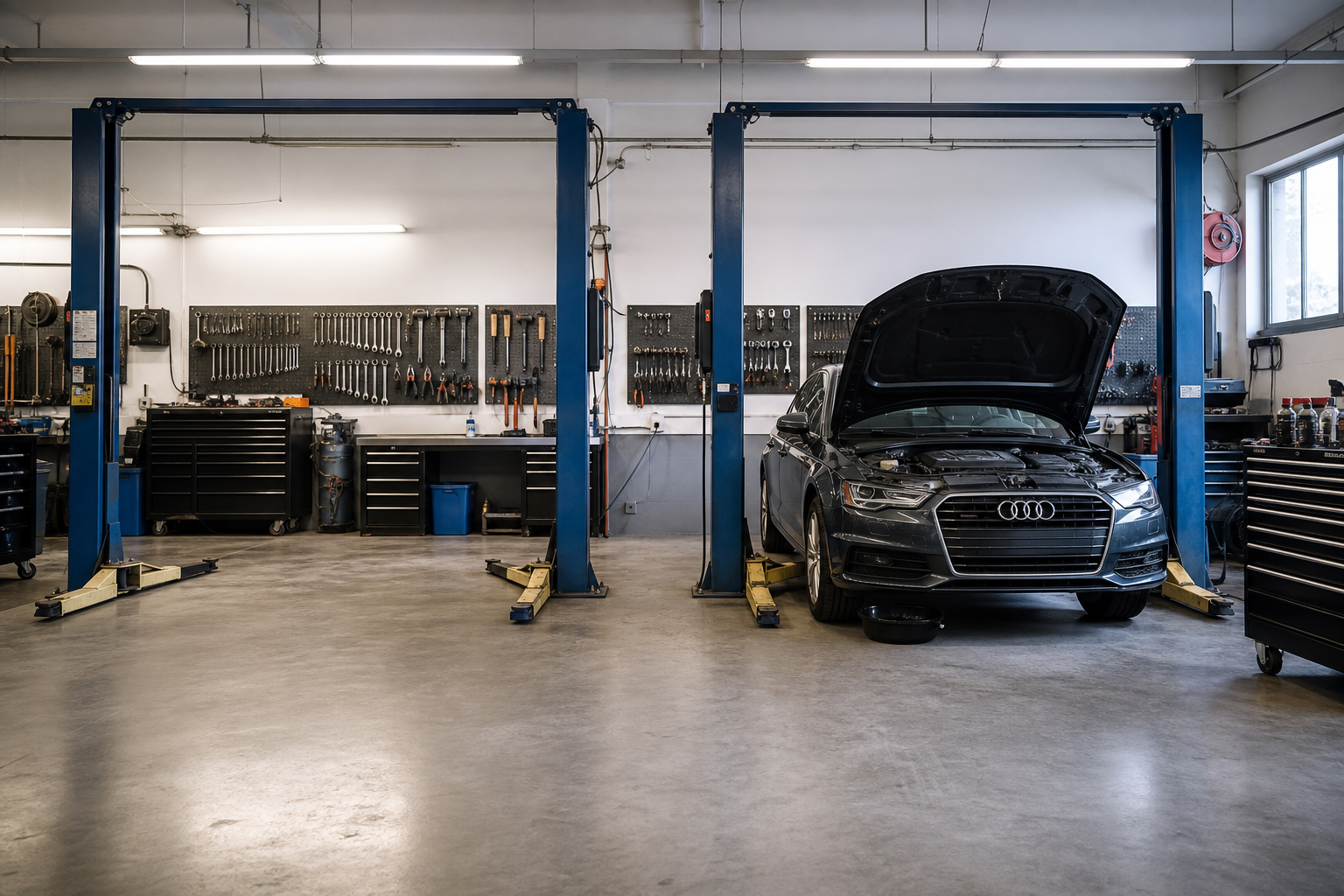 Bahía de servicio del taller con auto Audi y herramientas organizadas en paneles perforados